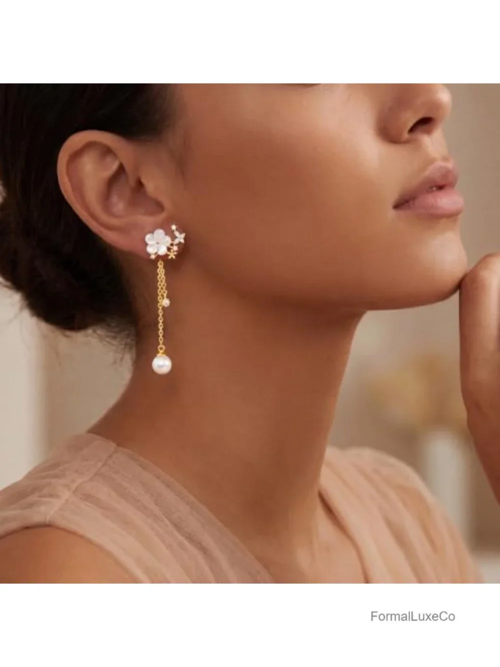 Dainty Flower Pearl Dangle Earrings Drop Long Chain 14K Gold Plated Cubic